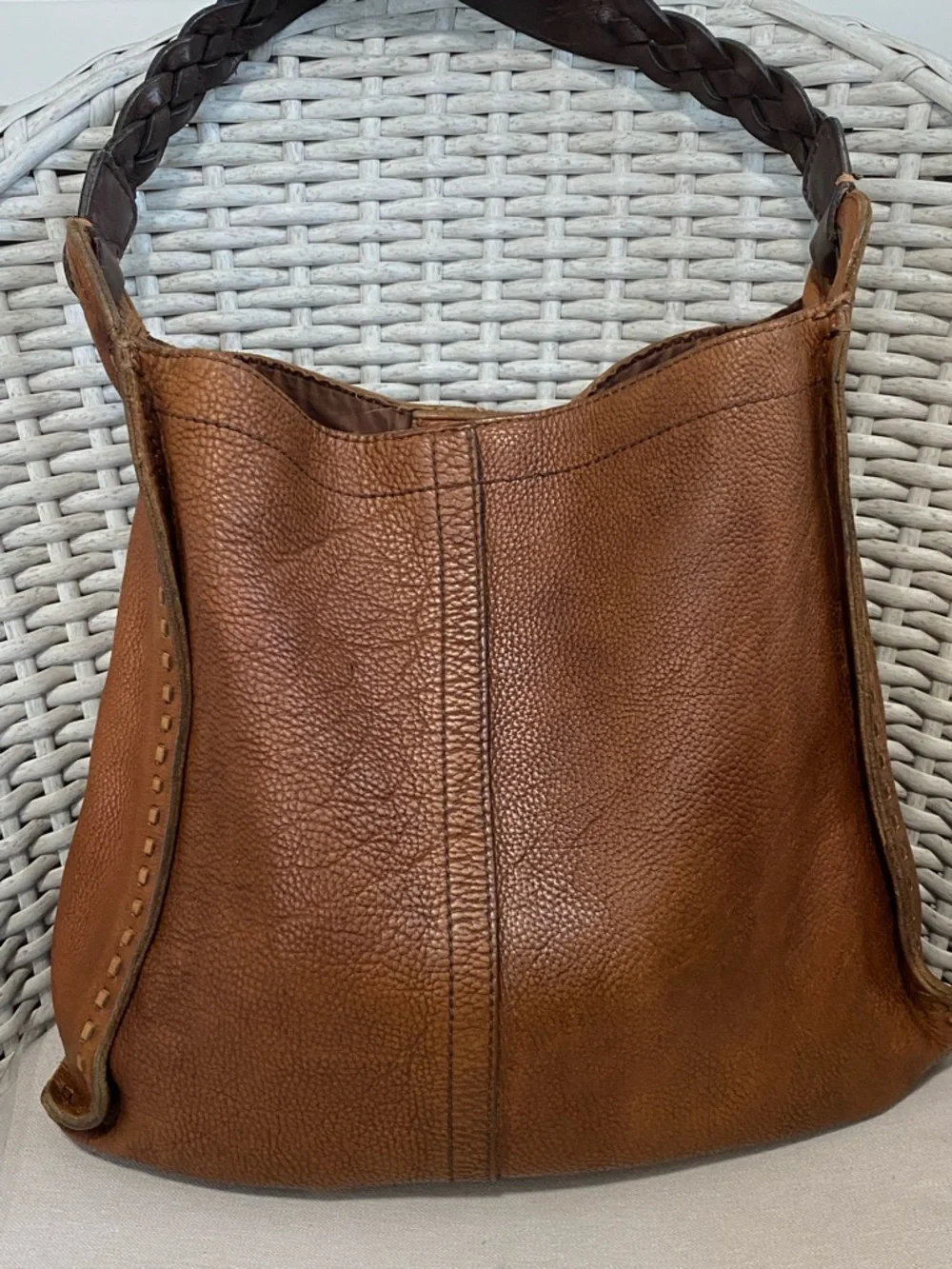 Lucky Brand Vintage Brown Pebbled Leather Hobo Slouchy Whipstitched Bag